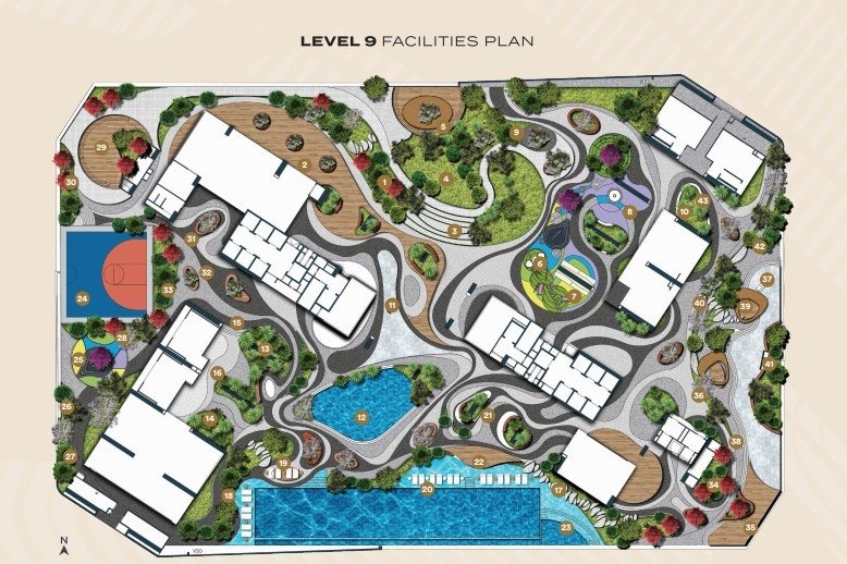 Denah fasilitas Level 9 Skypark Kepler: kolam renang, taman, dan area rekreasi lengkap