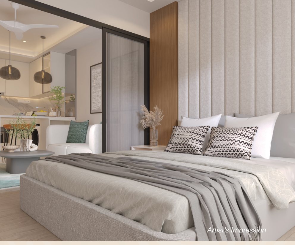 Kamar tidur utama unit Skypark Kepler bergaya modern minimalis